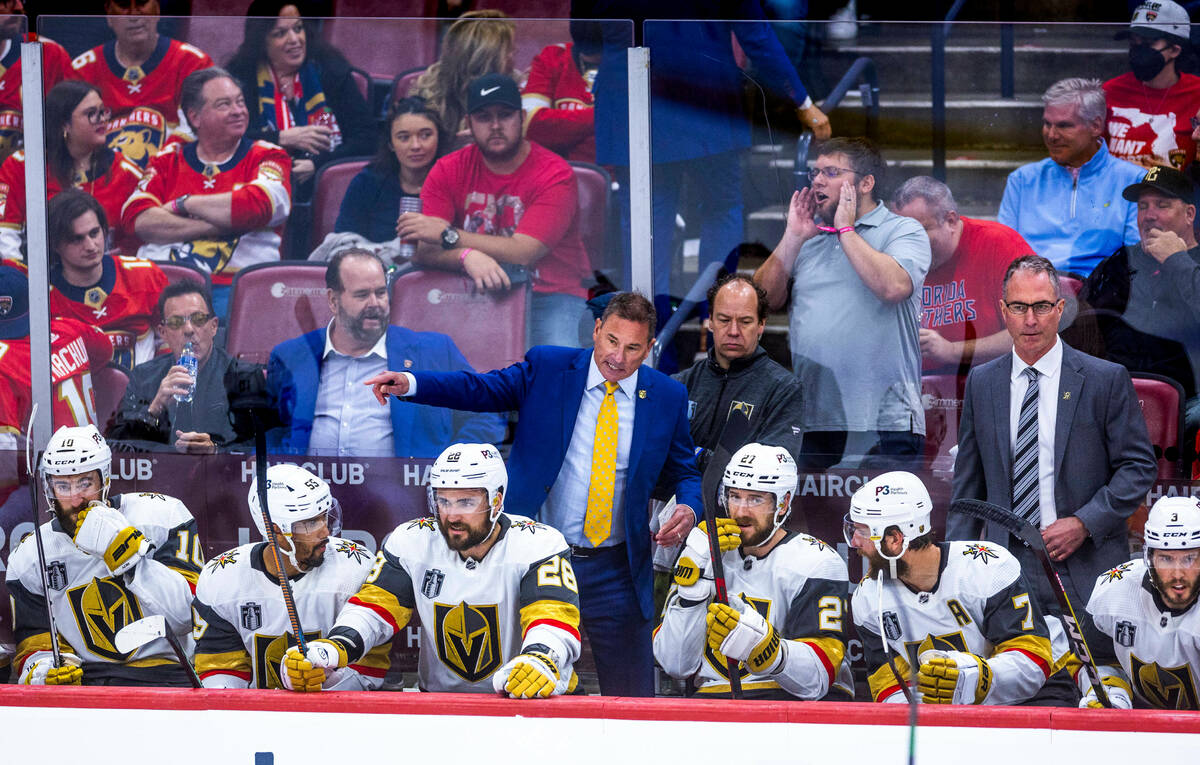 Golden Knights head coach Bruce Cassidy has things to say to his bench against the Florida Pant ...