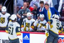 Golden Knights head coach Bruce Cassidy has things to say right wing Mark Stone (61) against th ...