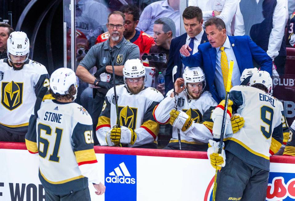 Golden Knights head coach Bruce Cassidy has things to say right wing Mark Stone (61) against th ...