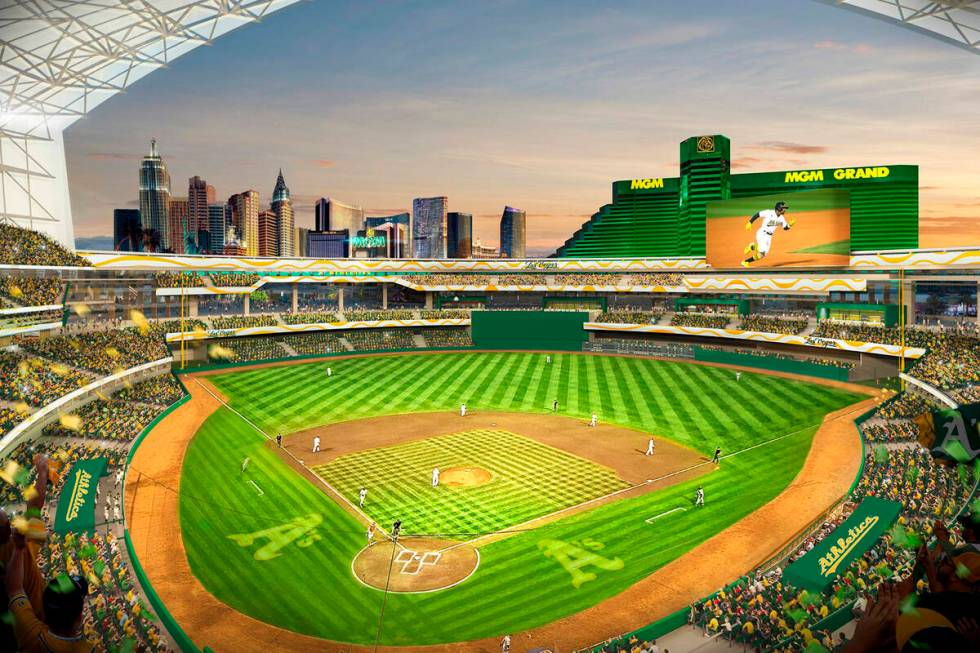 This rendering provided by the Oakland Athletics on May 26, 2023, shows a view of their propose ...