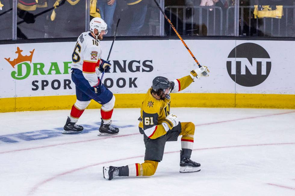 Golden Knights right wing Mark Stone (61) celebrates after scoring on Florida Panthers goaltend ...