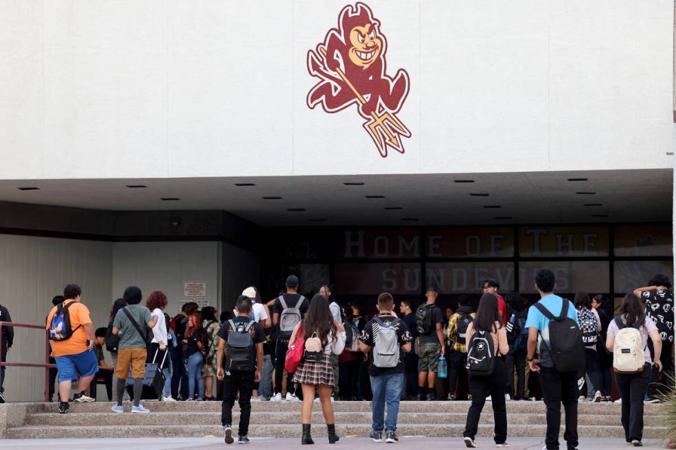 Students arrive for the first day of the school year at Eldorado High School in Las Vegas Monda ...