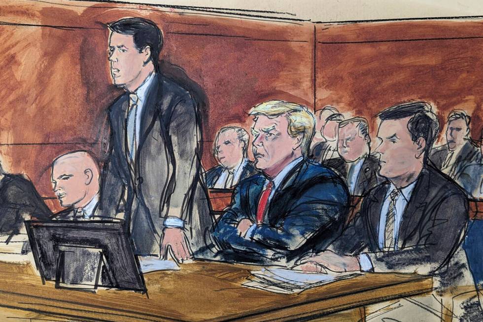 In this courtroom sketch, attorney Todd Blanche stands as he enters a plea of not guilty on beh ...