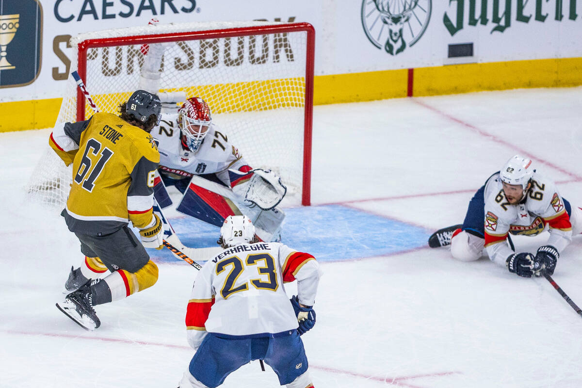 Golden Knights right wing Mark Stone (61) scores on Florida Panthers goaltender Sergei Bobrovsk ...