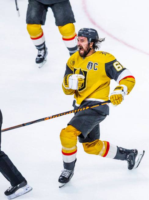 Golden Knights right wing Mark Stone (61) celebrates his hat trick goal against the Florida Pan ...