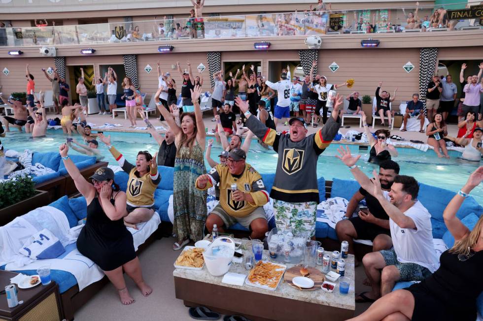 Golden Knights fans cheer as their team wins the Stanley Cup Final while watching from Stadium ...