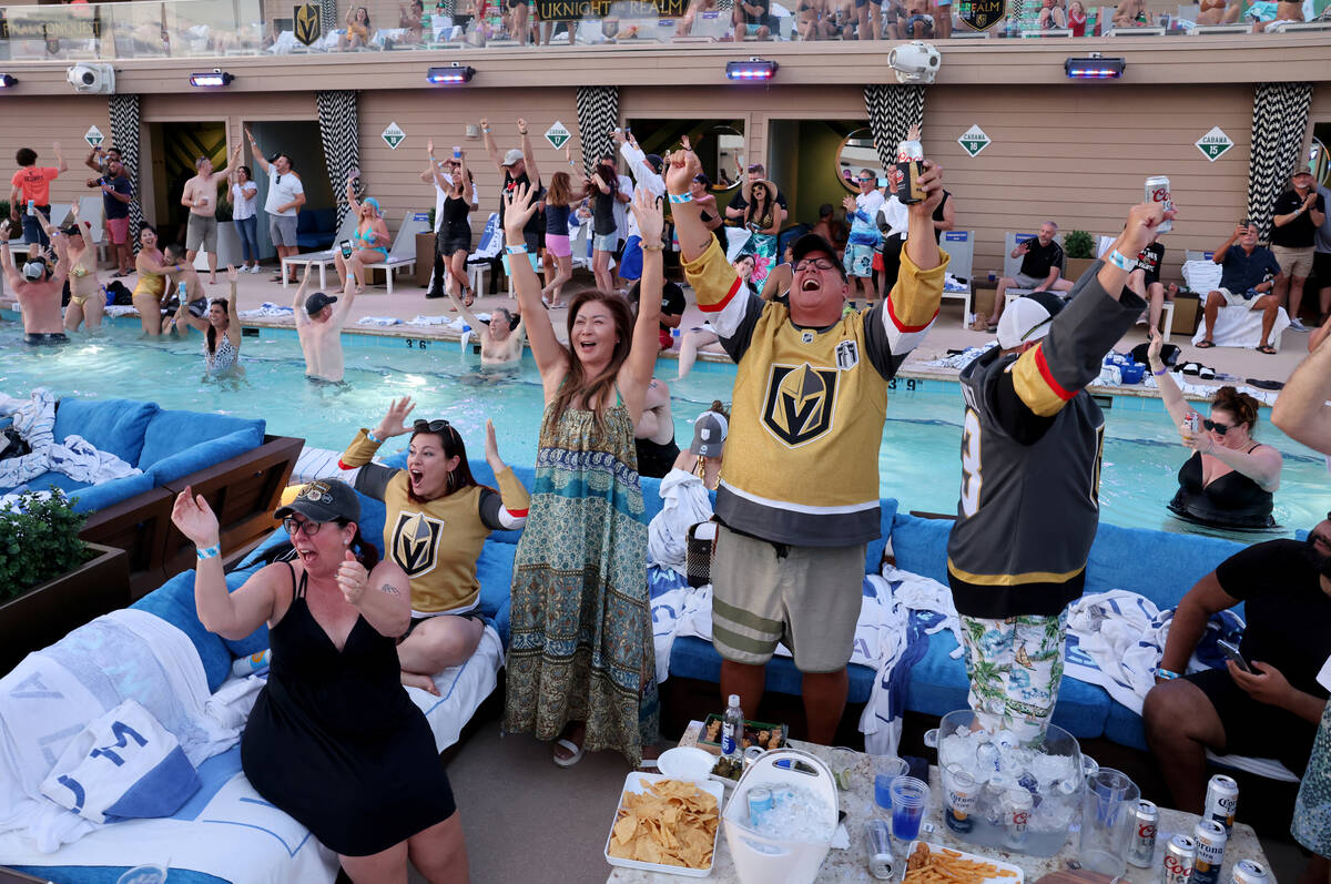 Golden Knights fans cheer as their team wins the Stanley Cup Final while watching from Stadium ...