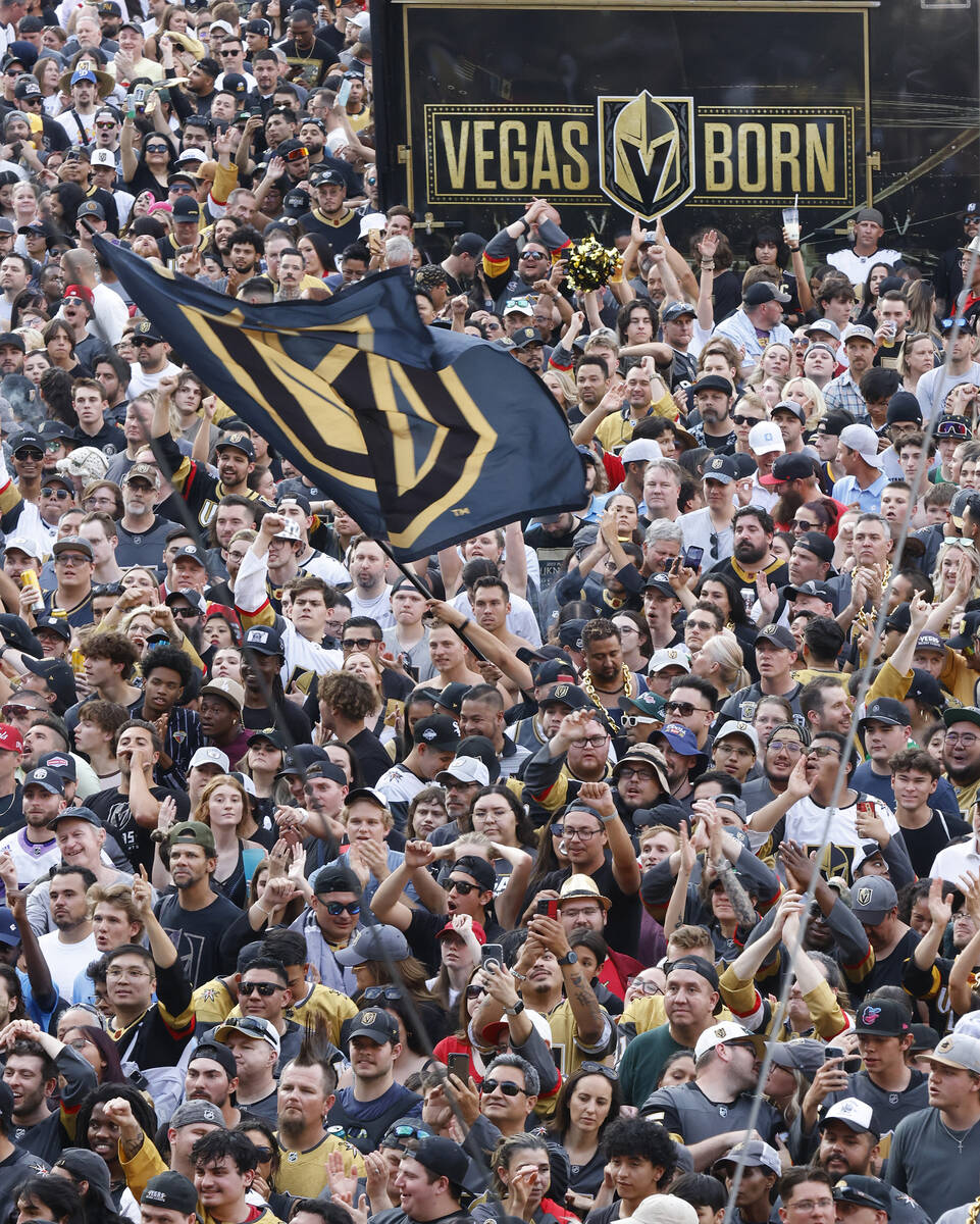 Golden Knights fans celebrate their teams Stanley Cup win against the Florida Panthers outside ...
