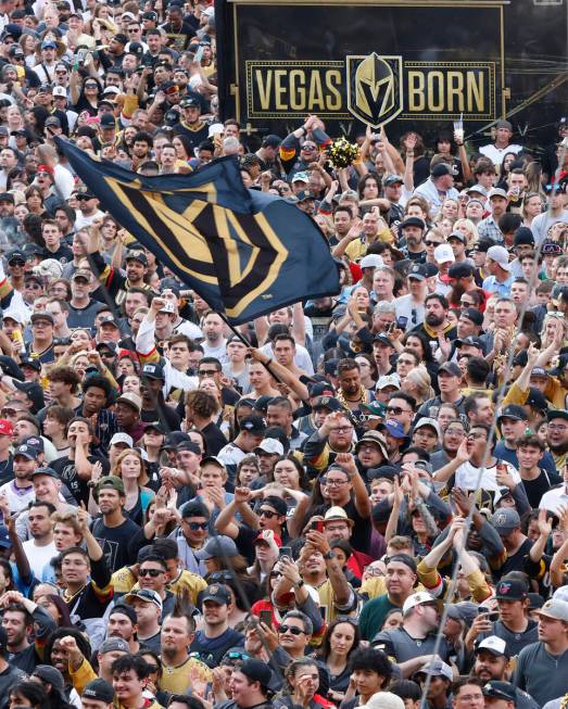 Golden Knights fans celebrate their teams Stanley Cup win against the Florida Panthers outside ...