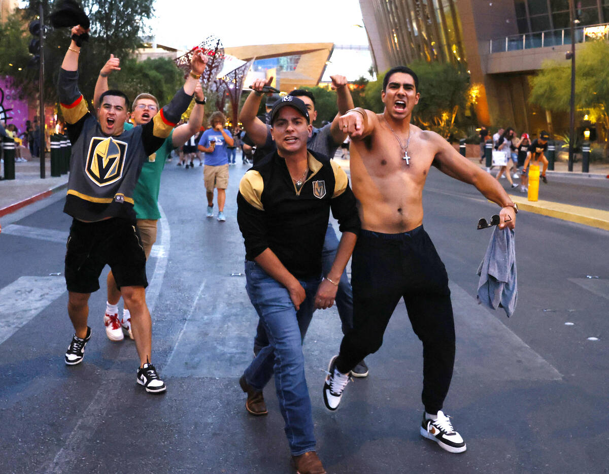 Golden Knights fans celebrate their teams Stanley Cup win against the Florida Panthers, outside ...
