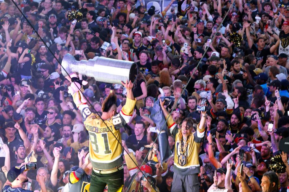 Golden Knights fans celebrate their team’s Stanley Cup win against the Florida Panthers outsi ...