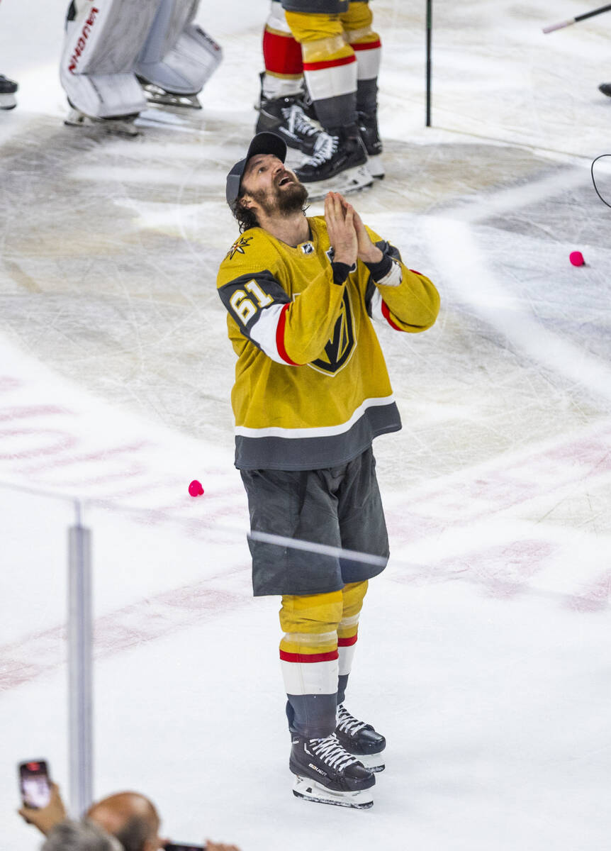 Golden Knights right wing Mark Stone (61) says a prayer after their 9-3 win over the Florida Pa ...