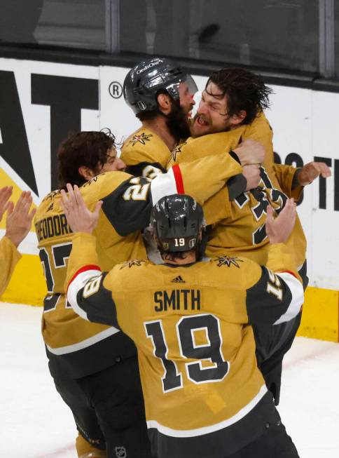 Golden Knights goaltender Adin Hill (33) celebrates their victory against Florida Panthers with ...