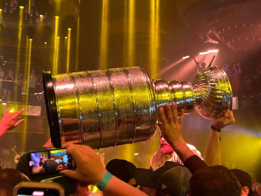 Mark Stone holds aloft the Stanley Cup at Omnia at Caesars Palace after the Vegas Golden Knight ...