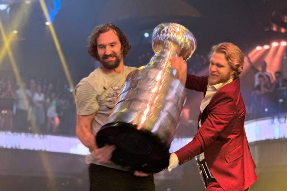 Mark Stone and William Karlsson hold the Stanley Cup at Omnia at Caesars Palace after the Vegas ...