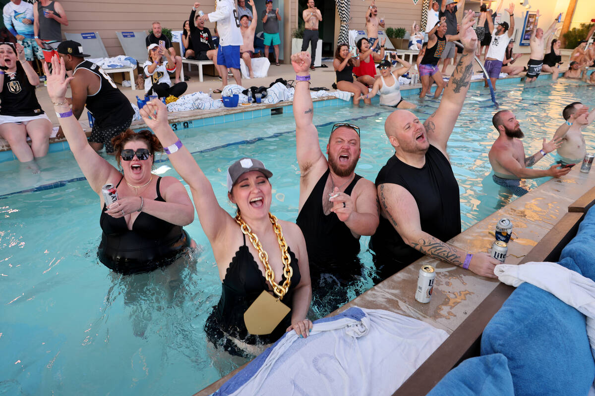 Golden Knights fans, from left, CC Conboy, Tammy Scholtes, Chris Scholtes and Mike Conboy cheer ...