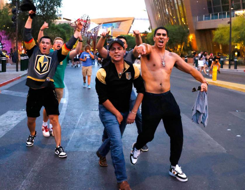 Golden Knights fans celebrate their team's Stanley Cup win against the Florida Panthers outside ...