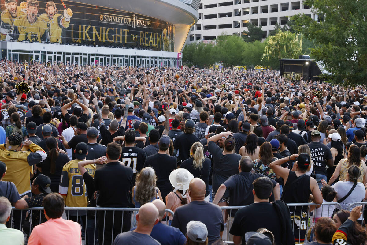 Golden Knights fans celebrate their team's Stanley Cup win against the Florida Panthers outside ...