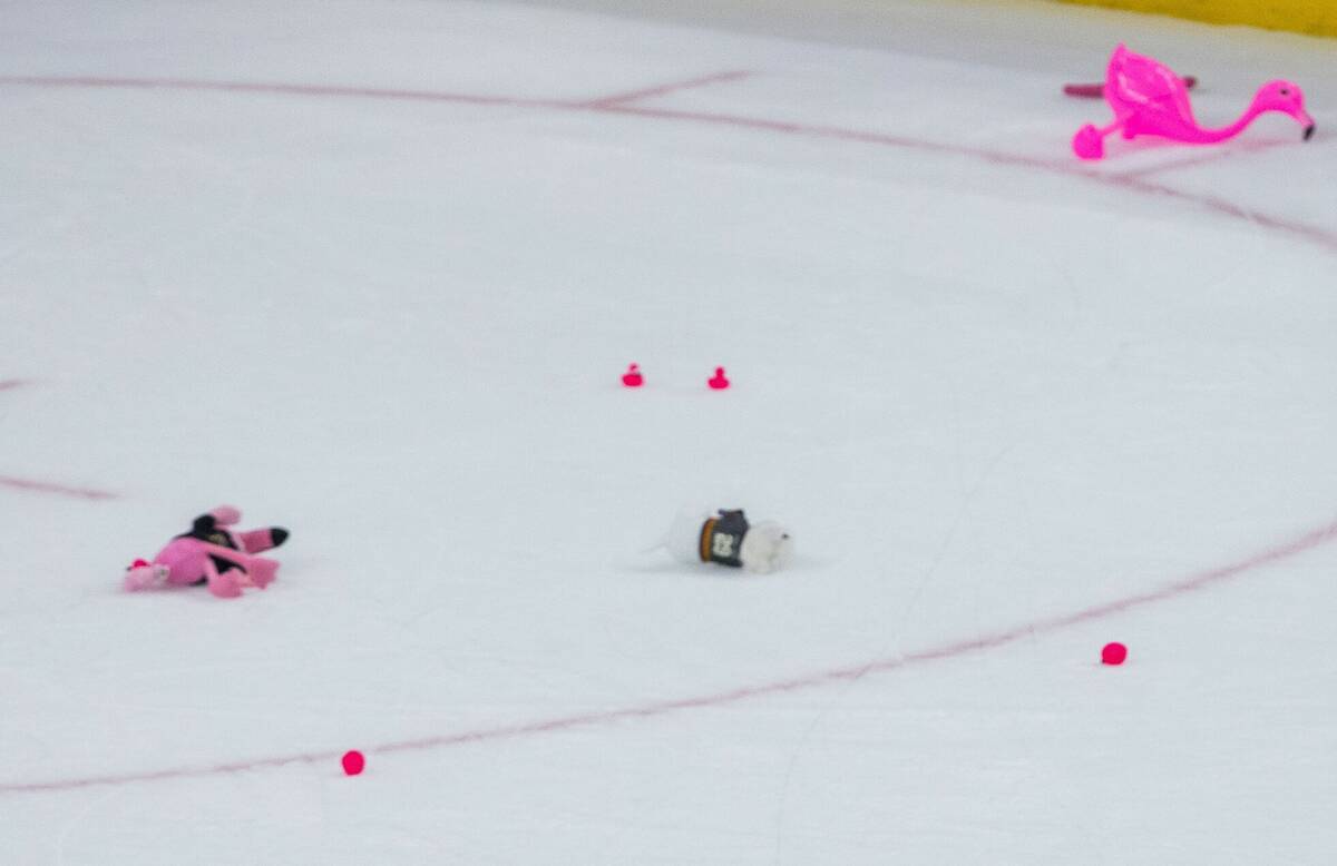A stuffed animal of Bark-Andre Furry was thrown on the ice after the Golden Knights won the Sta ...