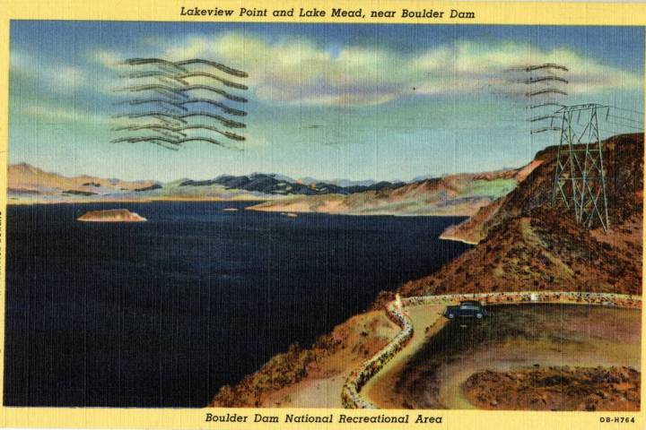 Lake Mead and the Hoover Dam is seen in a postcard from the early to mid-20th Century. (UNLV Li ...