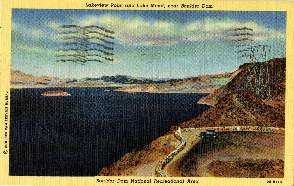 Lake Mead and the Hoover Dam is seen in a postcard from the early to mid-20th Century. (UNLV Li ...