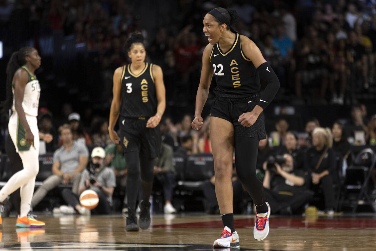 Las Vegas Aces forward A'ja Wilson (22) celebrates after her team scored during the first half ...