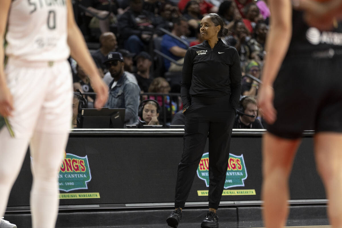 Seattle Storm head coach Noelle Quinn reacts after her team is given a foul during the second h ...