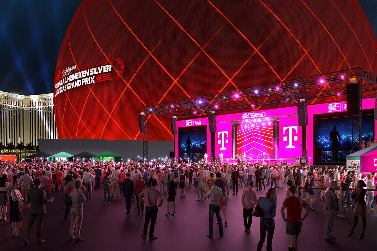 An artist rendering of the Las Vegas Grand Prix T-Mobile Zone at Sphere spectator zone. (Courte ...