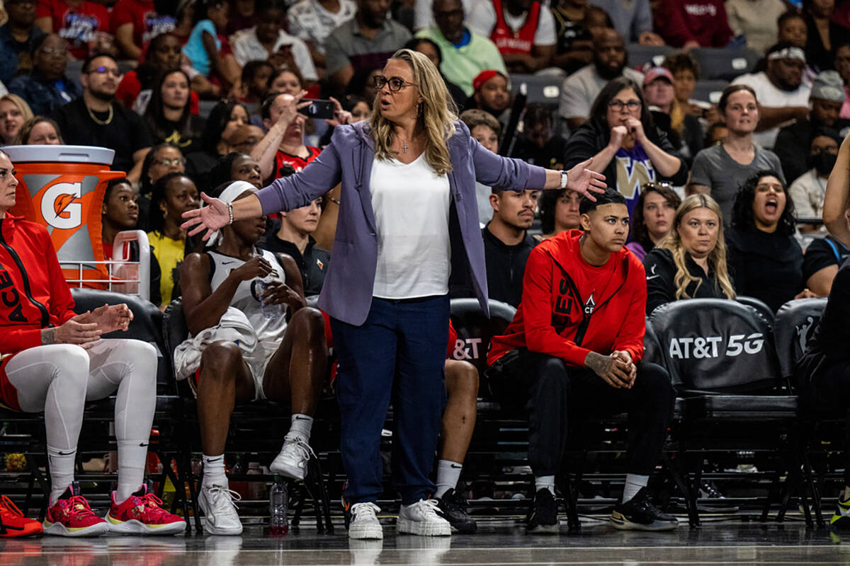 Las Vegas Aces head coach Becky Hammon reacts during a WNBA basketball game against the Atlanta ...