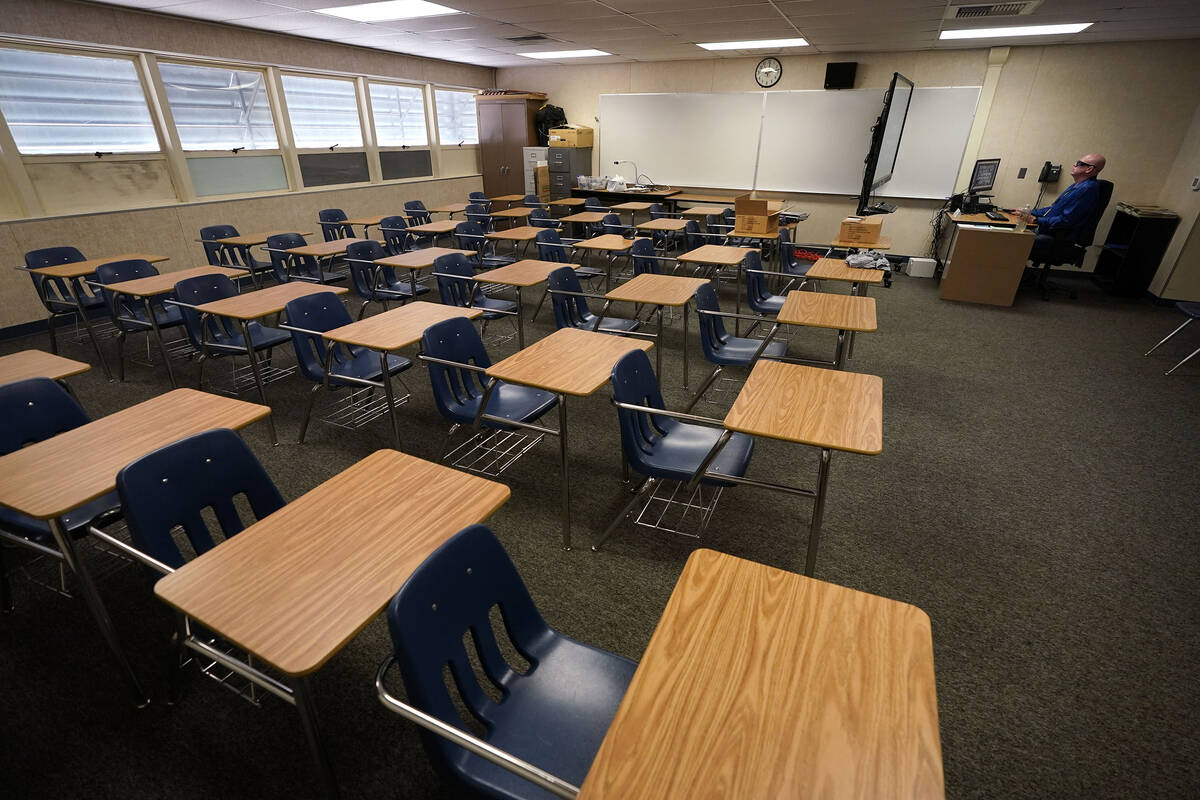 An empty classroom during 2020 COVID school closures. (AP Photo/Gregory Bull)