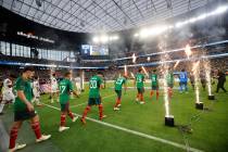 Mexican players and USA players come out to the field before a CONCACAF Nations League semifina ...