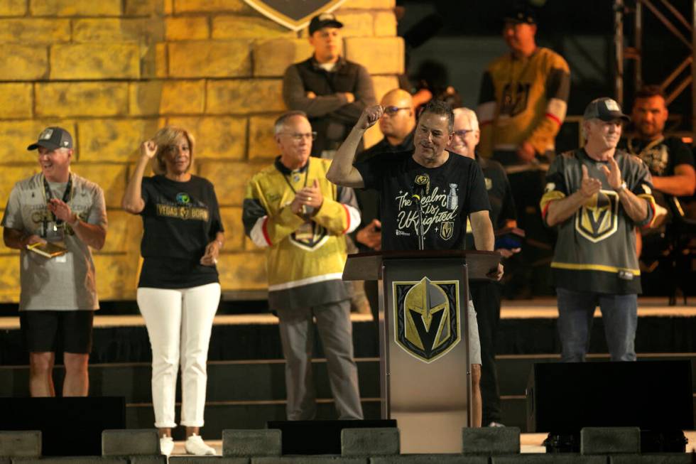 Golden Knights head coach Bruce Cassidy cheers on the crowd as his team celebrates their Stanle ...