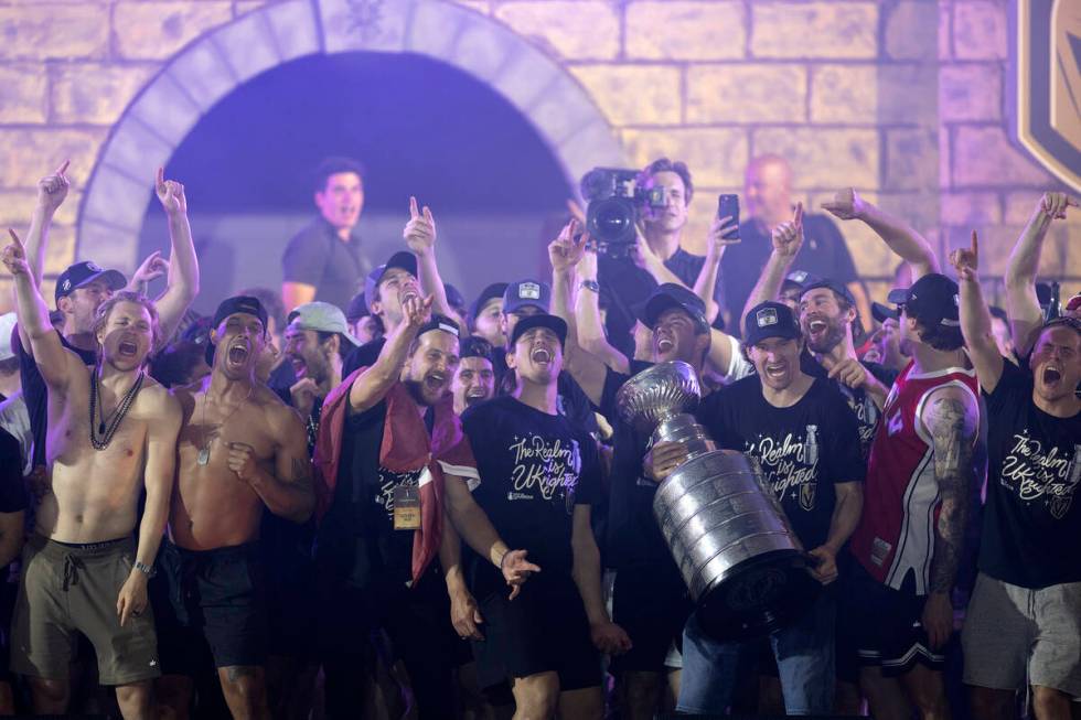 The Golden Knights celebrate their Stanley Cup Final win with a crowd of more than 7,000 outsid ...