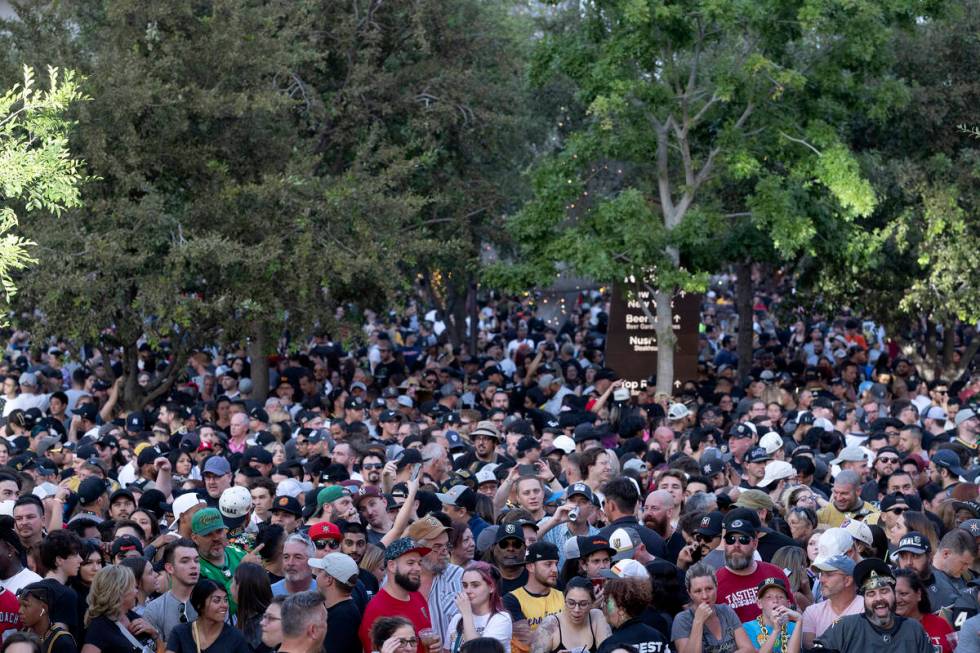 Fans pack Toshiba Plaza and beyond during the Golden Knights’ Stanley Cup Final win cele ...