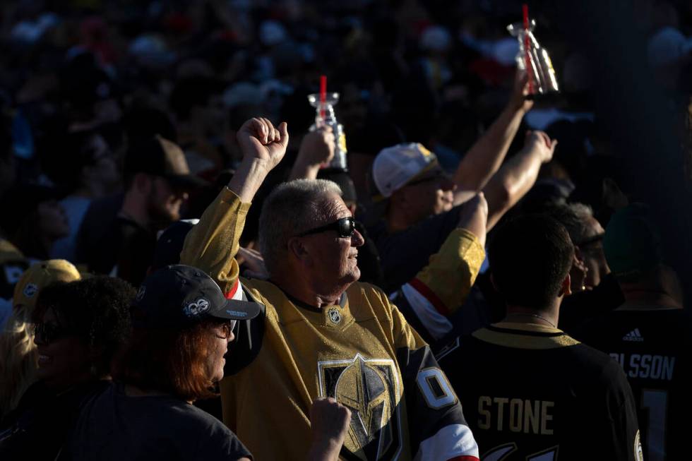 The Golden Knights fans celebrate their team’s Stanley Cup Final win outside T-Mobile Ar ...