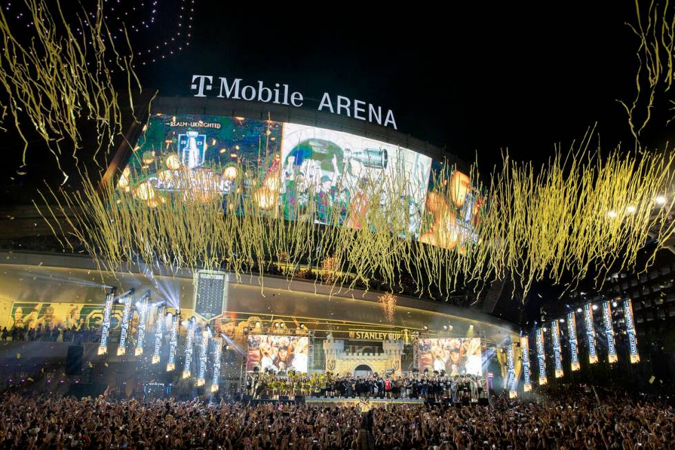 Confetti shoots into the air during the Golden Knights celebration for their Stanley Cup Final ...