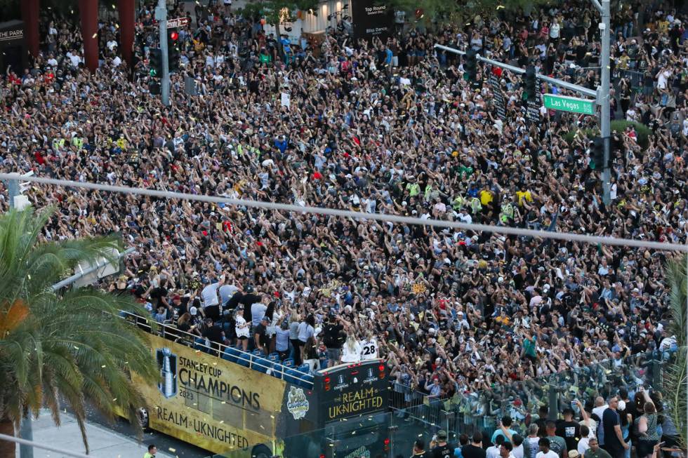 Fans gather on Las Vegas Boulevard in and around Toshiba Plaza at the Vegas Golden Knights Stan ...