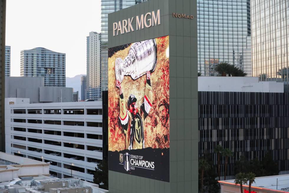 Marquees on Las Vegas Boulevard during the Vegas Golden Knights Stanley Cup Championship Parade ...