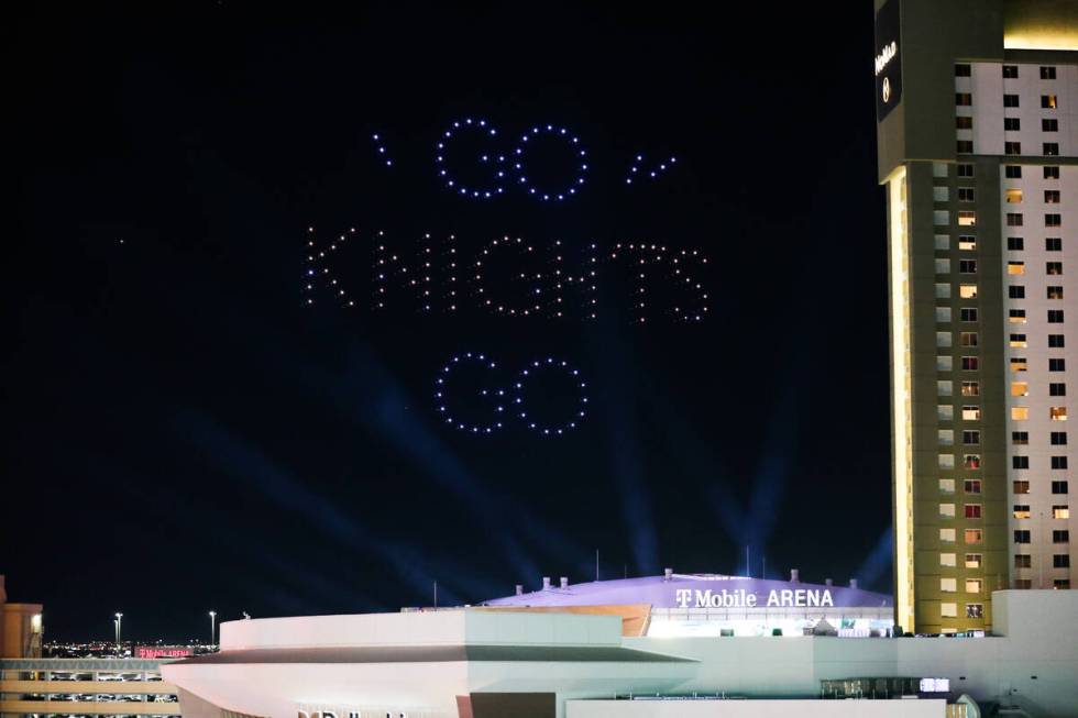 A drone light show is displayed above the T-Mobile Arena during the Vegas Golden Knights Stanle ...