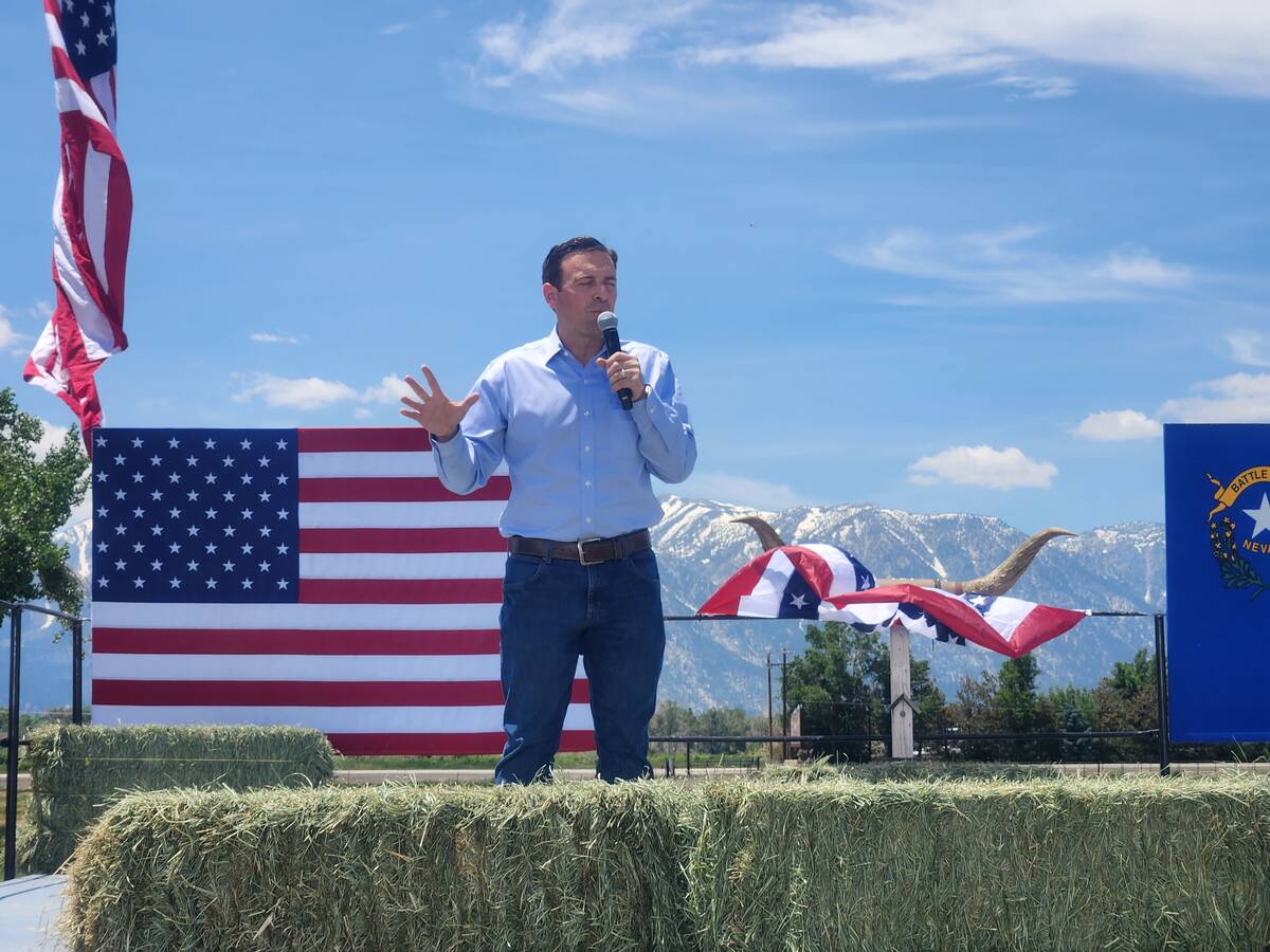Former Attorney General Adam Laxalt speaks at the 8th Annual Basque Fry in Gardnerville on June ...