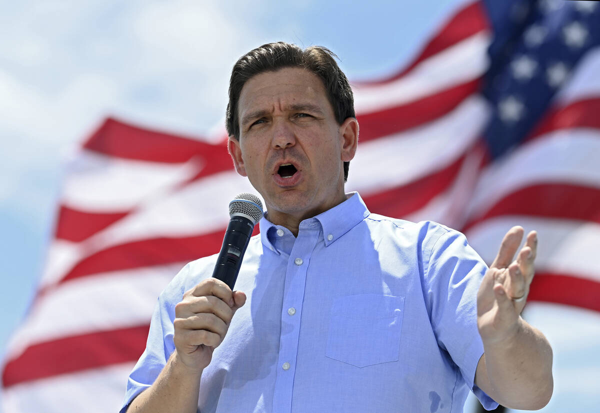 Florida Gov. Ron DeSantis speaks at an annual Basque Fry at the Corley Ranch in Gardnerville on ...