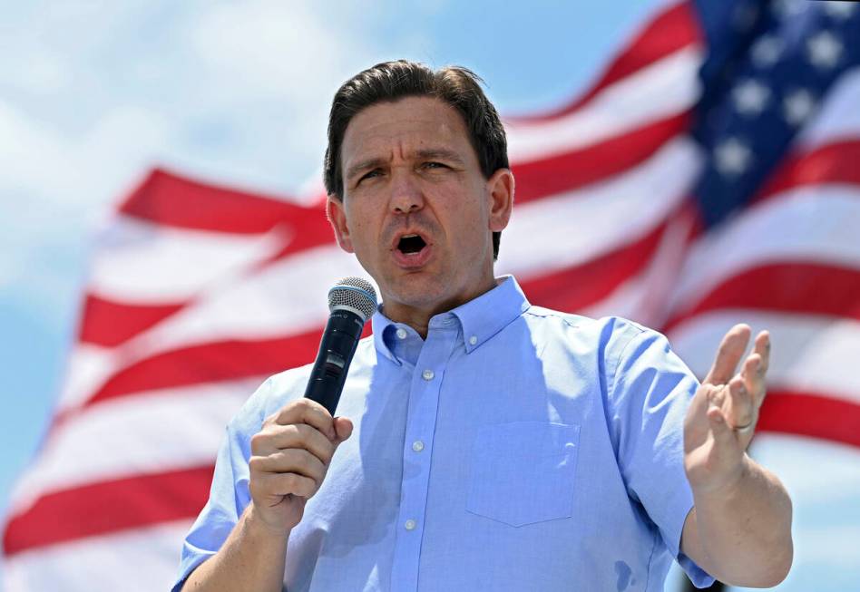 Florida Gov. Ron DeSantis speaks at an annual Basque Fry at the Corley Ranch in Gardnerville on ...