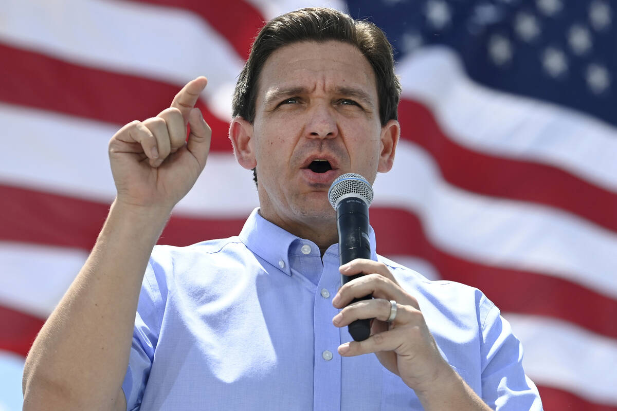 Florida Gov. Ron DeSantis speaks at an annual Basque Fry at the Corley Ranch in Gardnerville on ...