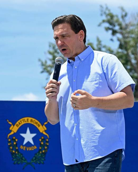 Florida Gov. Ron DeSantis speaks at an annual Basque Fry at the Corley Ranch in Gardnerville on ...