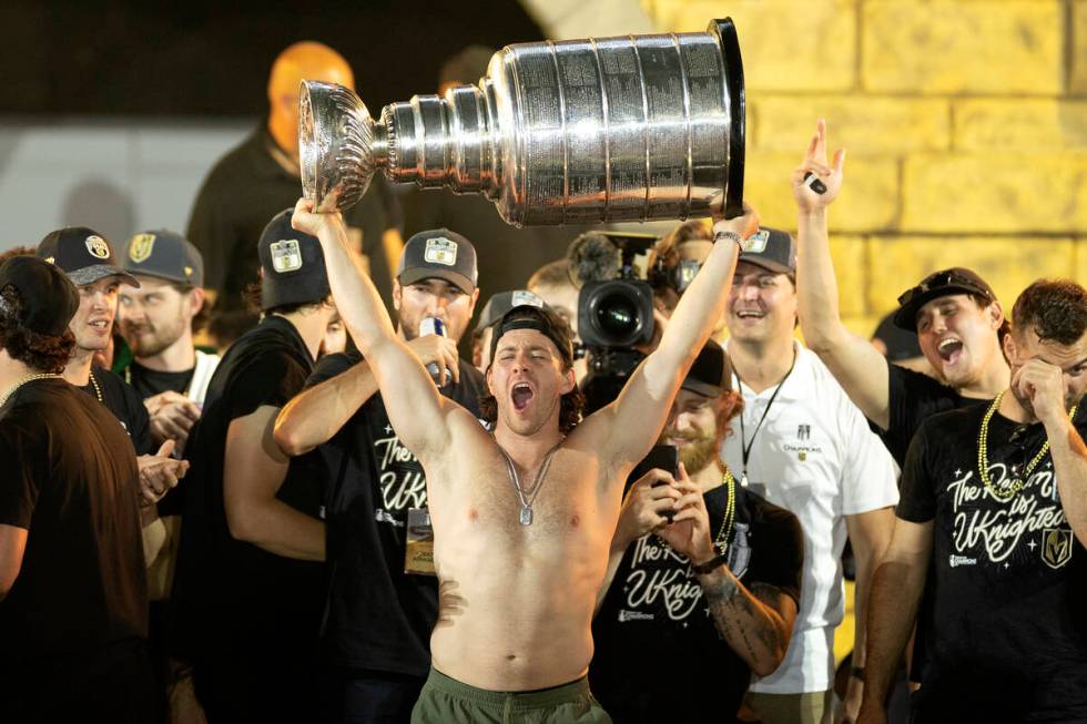 Golden Knights right wing Jonathan Marchessault celebrates with the Stanley Cup during Golden K ...
