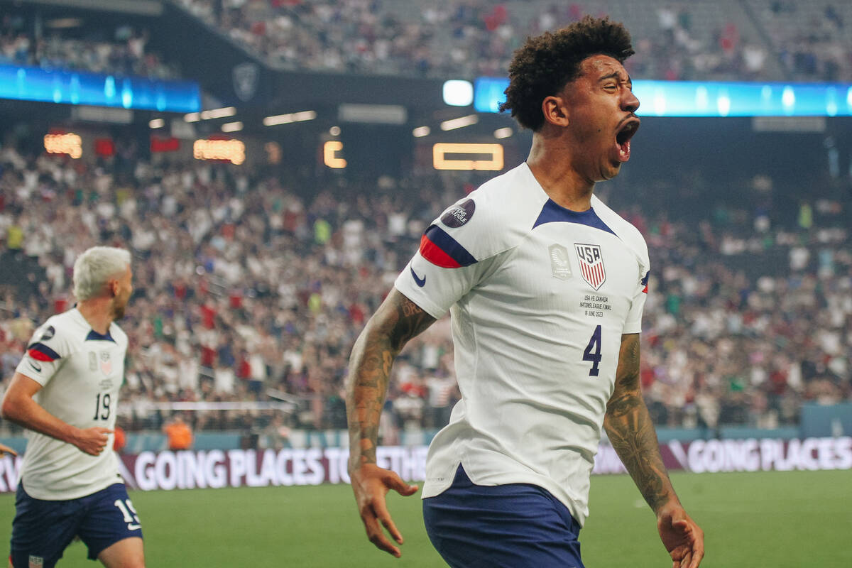 Team USA’s Chris Richards (4) celebrates a goal during the CONCACAF Nations League final ...