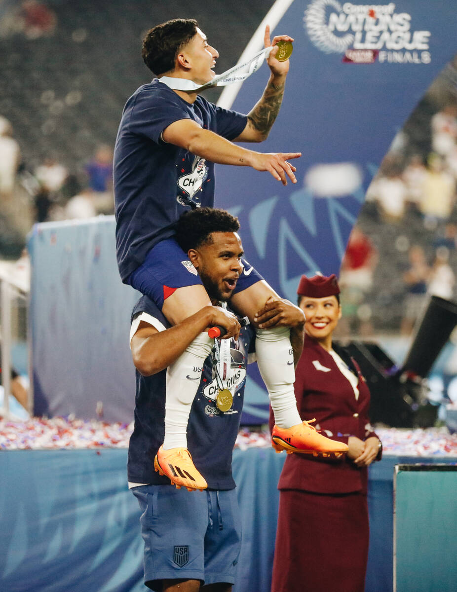 Team USA players celebrate winning the CONCACAF Nations League final on Sunday, June 18, 2023, ...