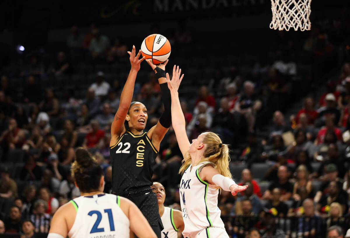 Las Vegas Aces center A'ja Wilson (22) takes a shot during a game against the Minnesota Lynx on ...