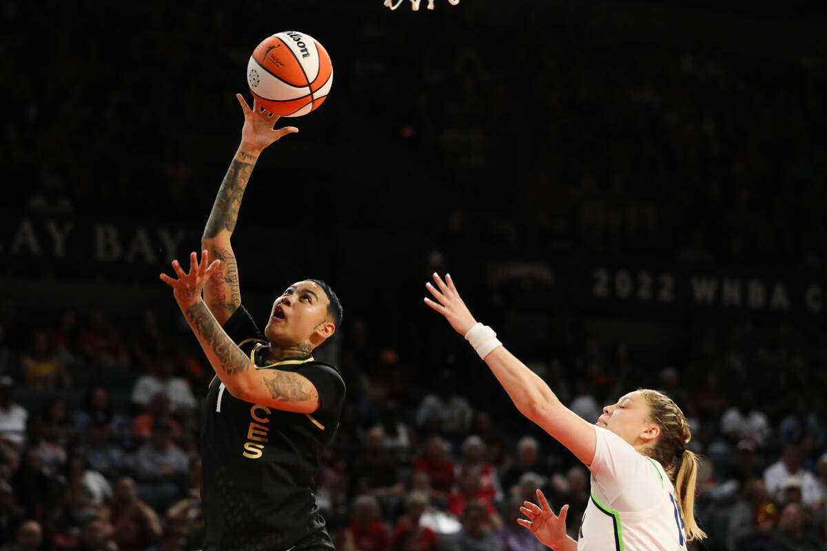 Las Vegas Aces guard Kierstan Bell (1) takes a shot during a game against the Minnesota Lynx on ...