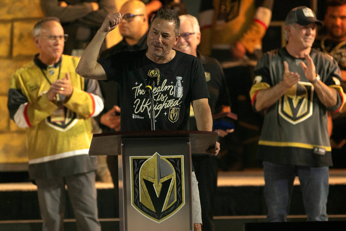 Golden Knights head coach Bruce Cassidy cheers on the crowd as his team celebrates their Stanle ...